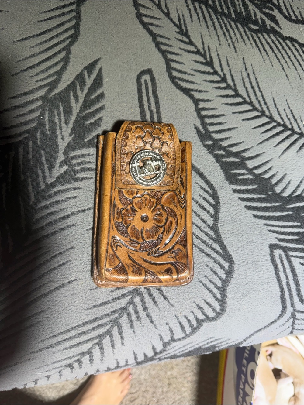 Brown Hand-Tooled Leather Belt Pouch with Floral Design
